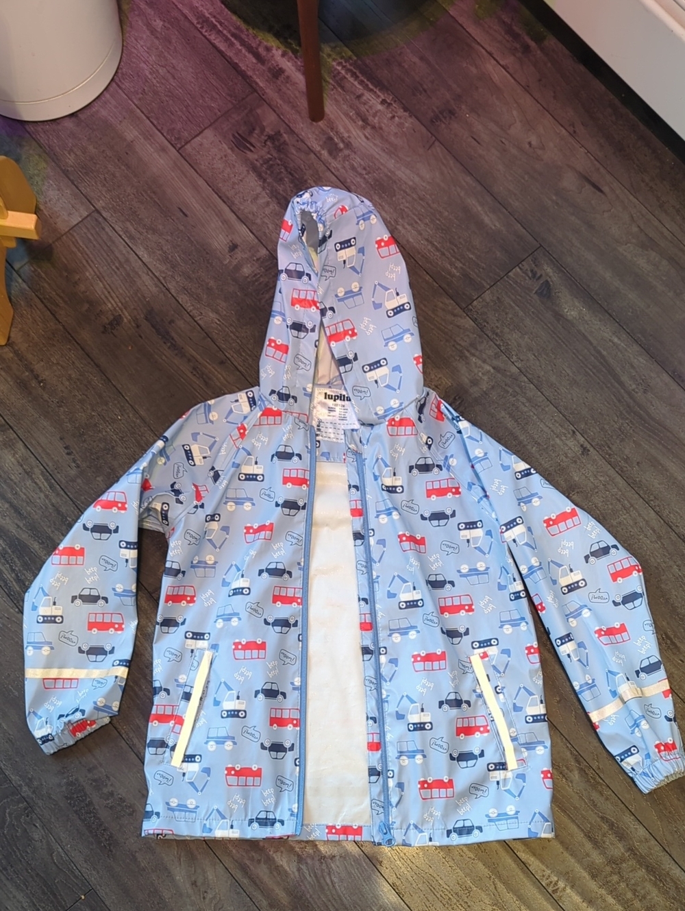 Lupilu Light Blue Kids Hooded Rain Jacket with Vehicle Print